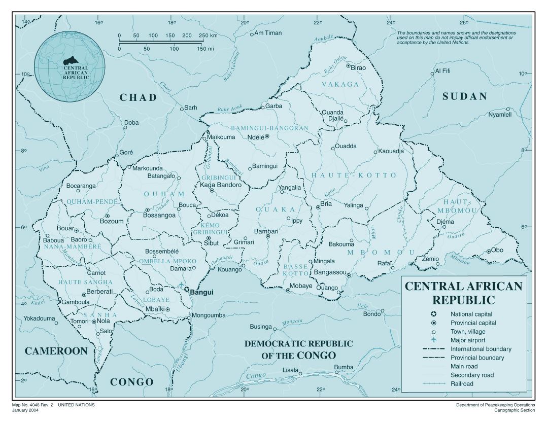Large detailed political and administrative map of Central African Republic with roads, railroads, cities and airports