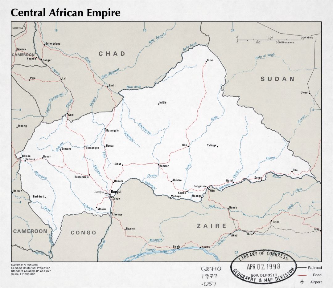 Large scale political map of Central African Empire with roads, cities and airports - 1977