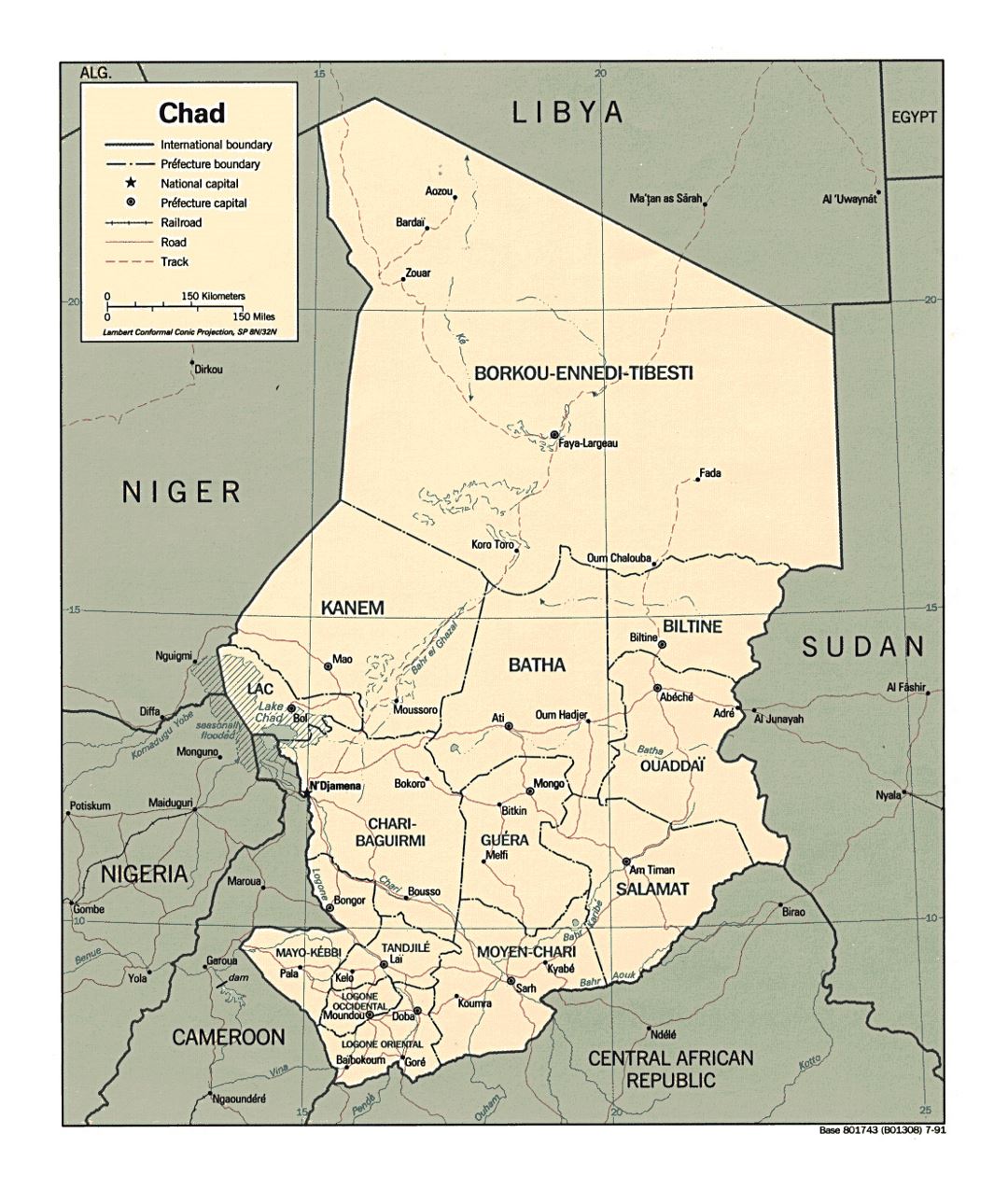 Detailed political and administrative map of Chad with roads and major cities - 1991