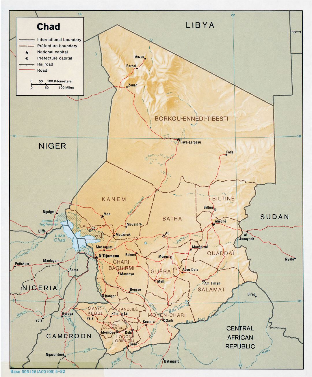 Large detailed political and administrative map of Chad with relief, roads and major cities - 1982