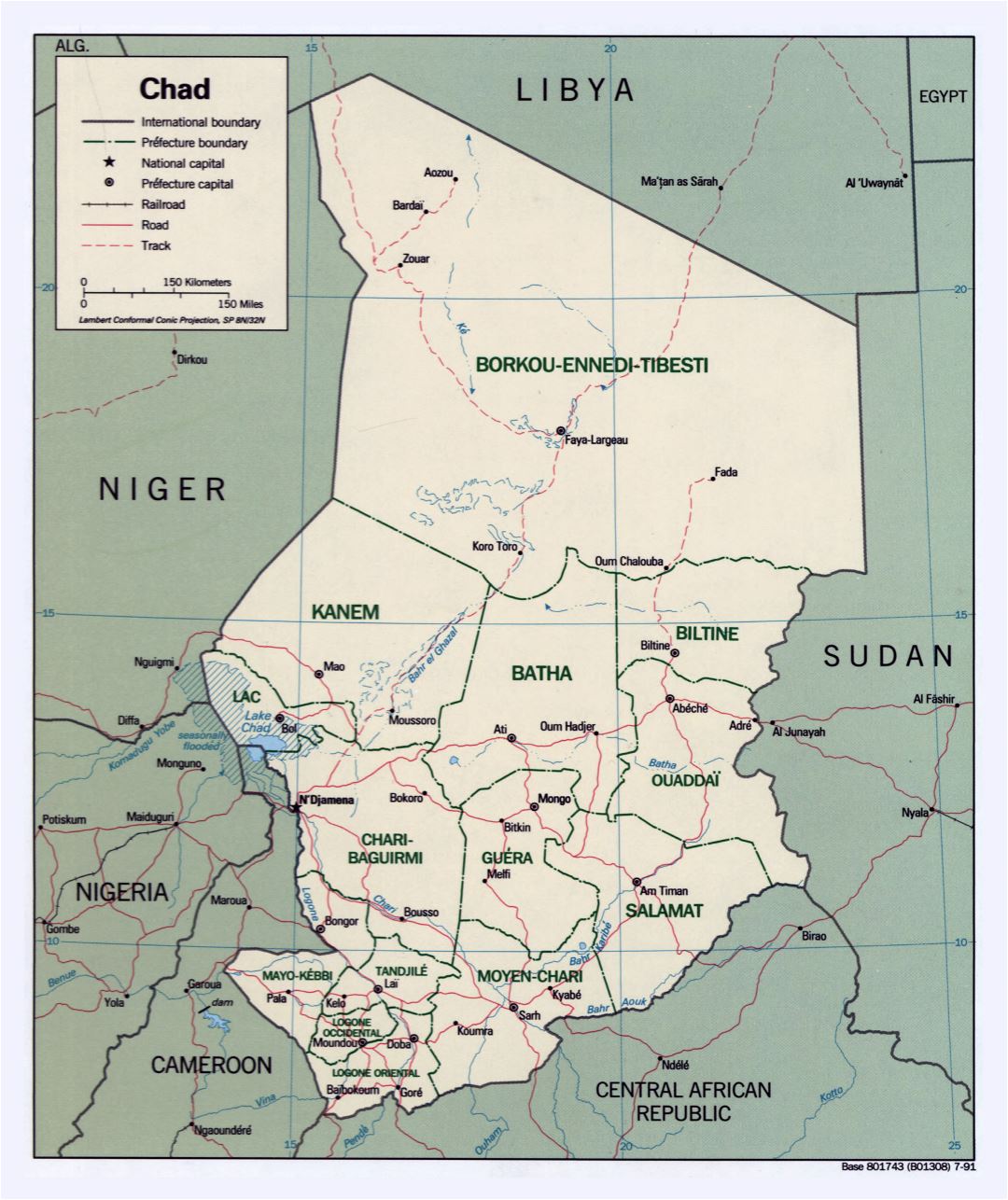 Large detailed political and administrative map of Chad with roads and major cities - 1991