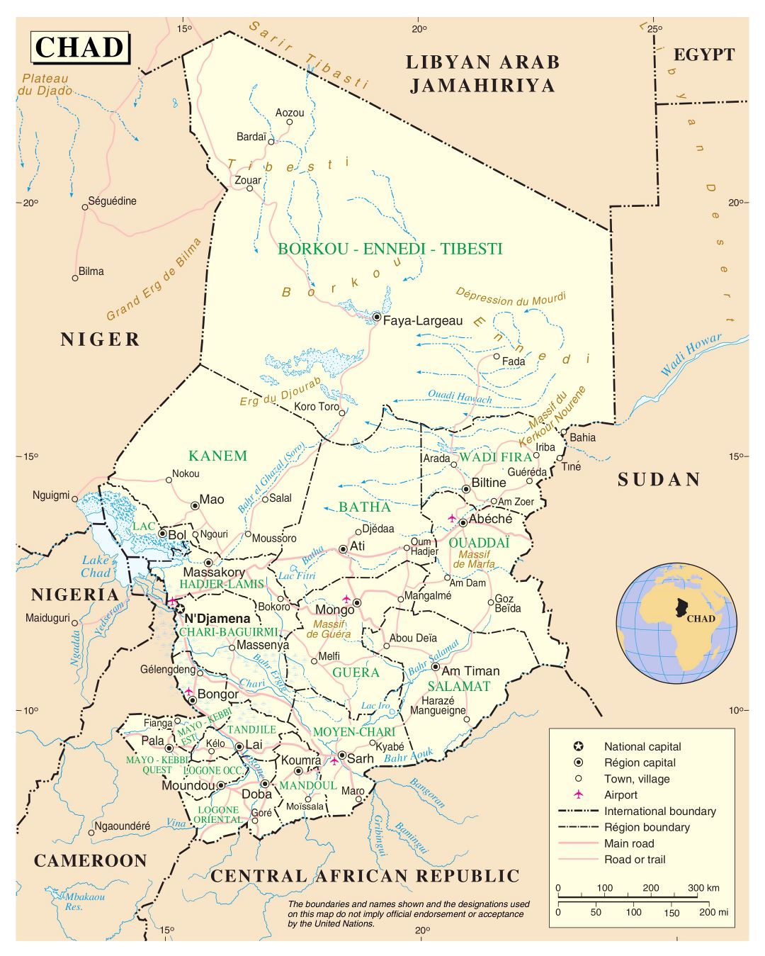 Large detailed political and administrative map of Chad with roads, cities and airports