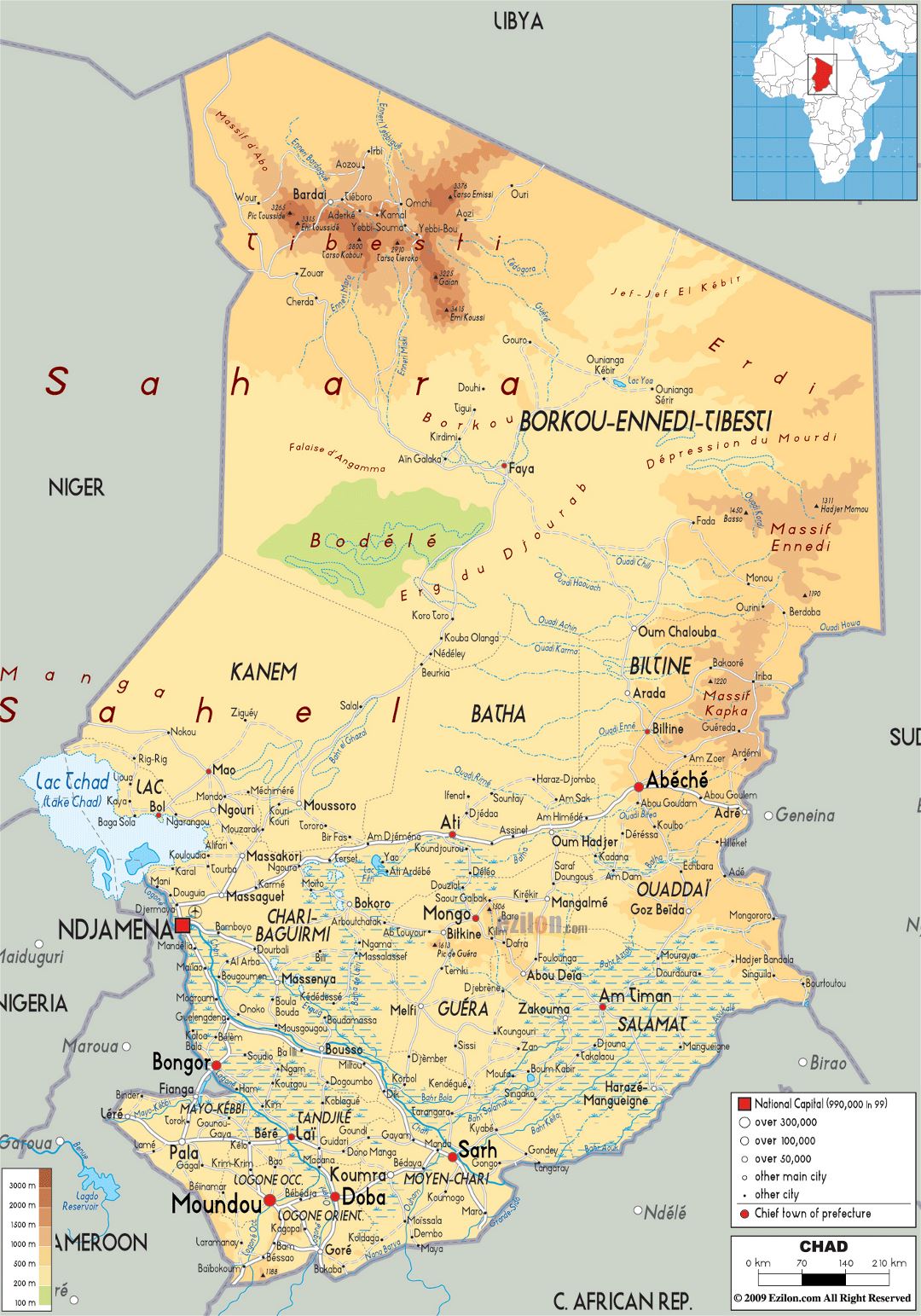 Large physical map of Chad with roads, cities and airports