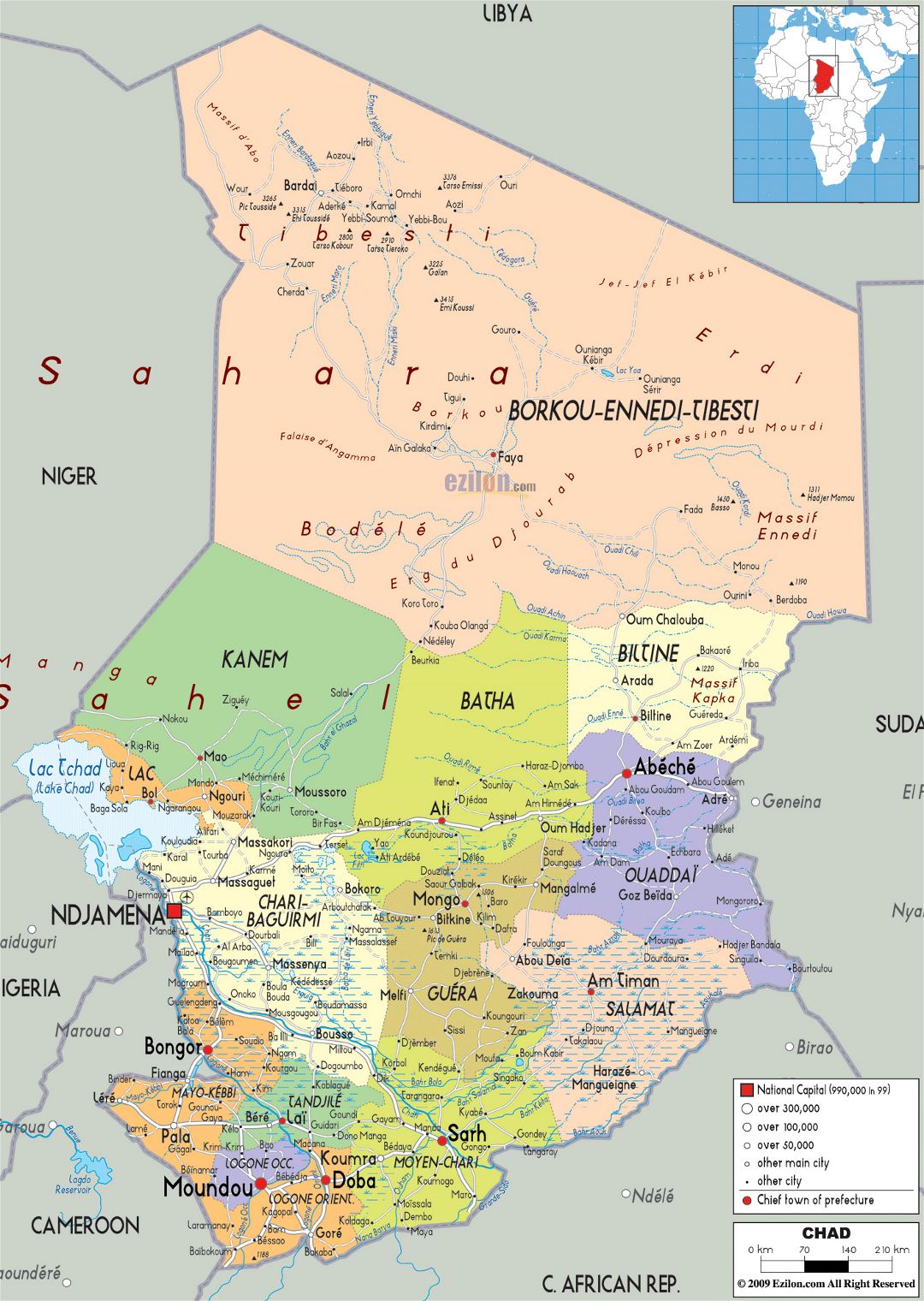 Large political and administrative map of Chad with roads, cities and airports