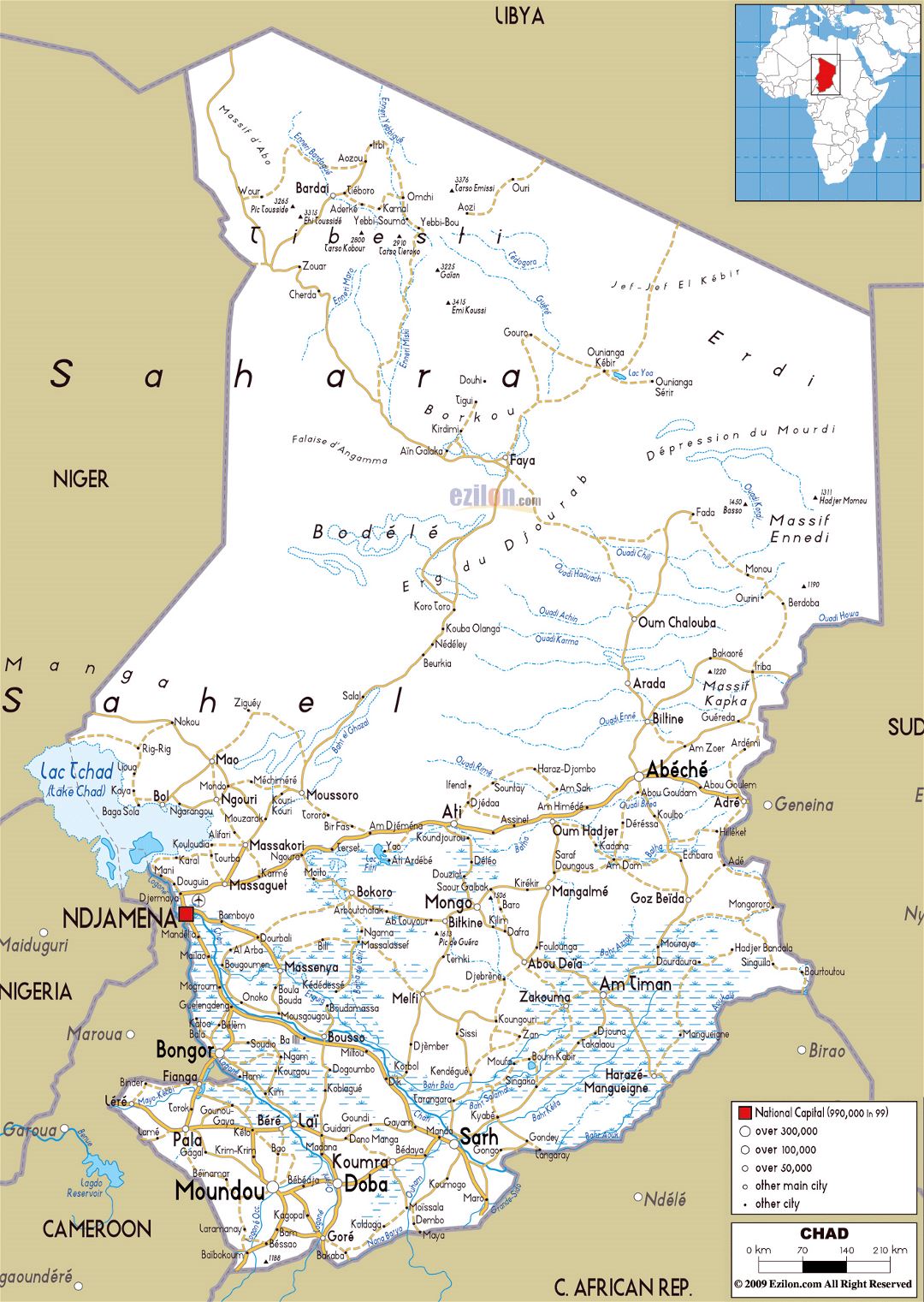 Large road map of Chad with cities and airports