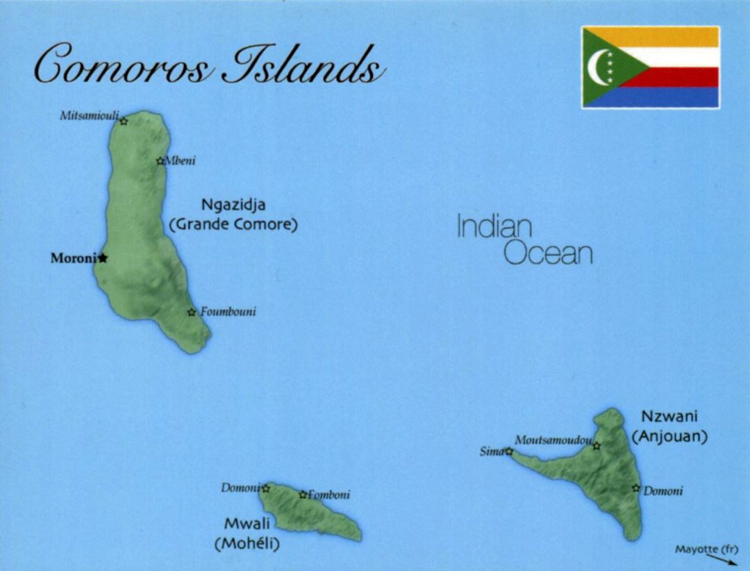Detailed map of Comoros with flag