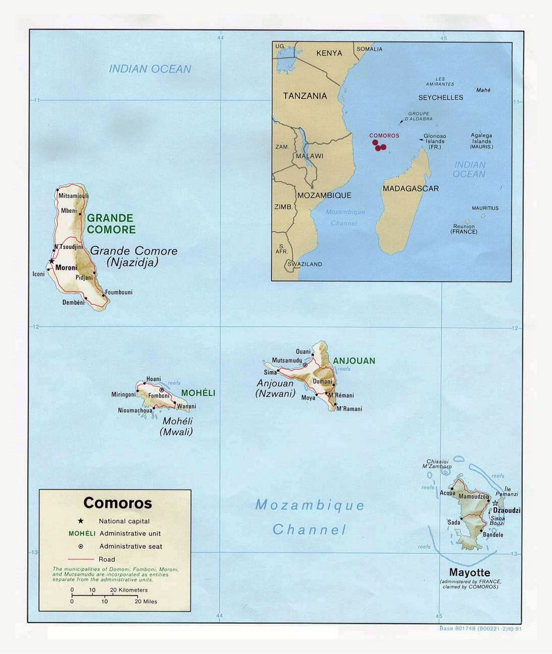 Detailed political map of Comoros with relief, roads and cities - 1991