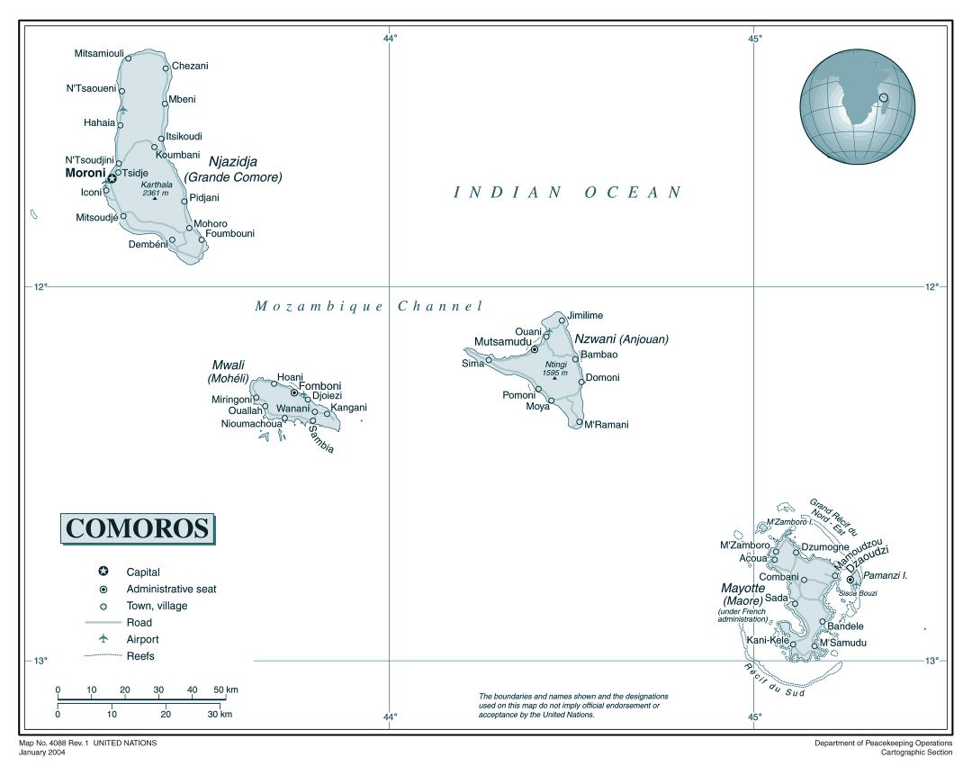 Large detailed political map of Comoros Islands with roads, cities and airports