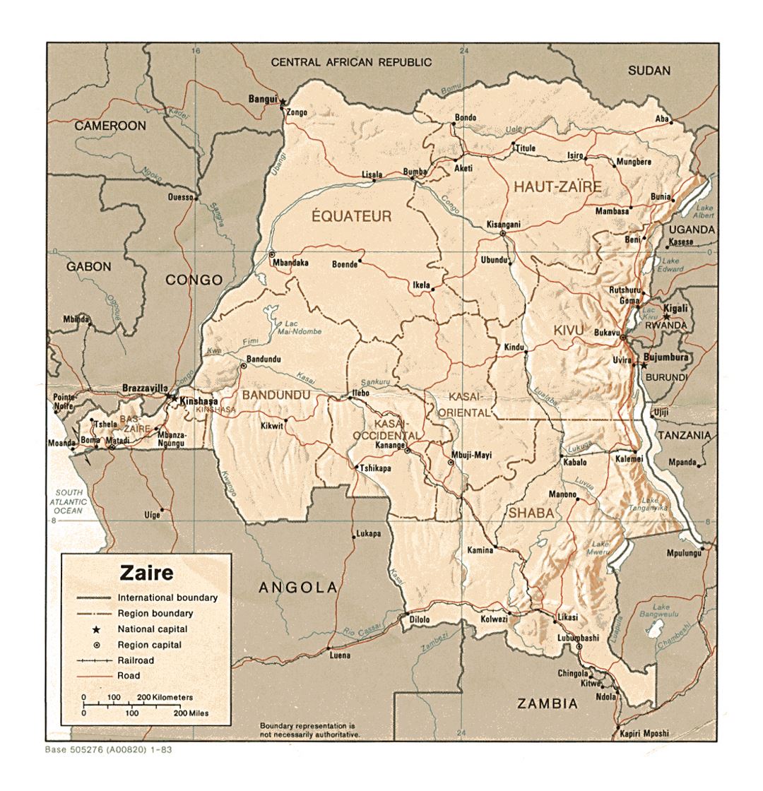 Detailed political and administrative map of Congo Democratic Republic with relief, roads, railroads and major cities - 1983