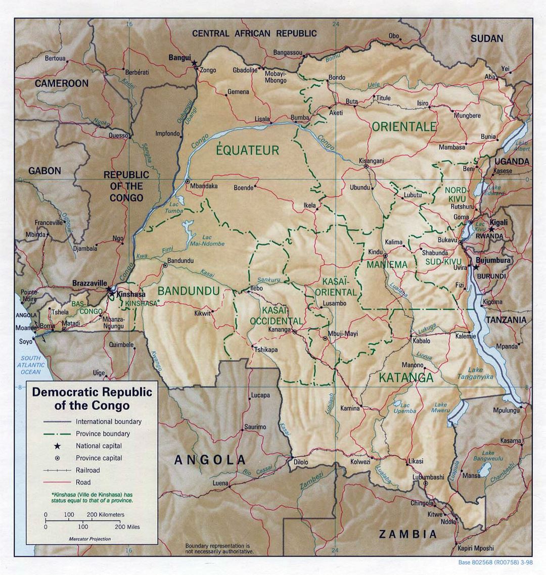 Detailed political and administrative map of Congo Democratic Republic with relief, roads, railroads and major cities - 1998