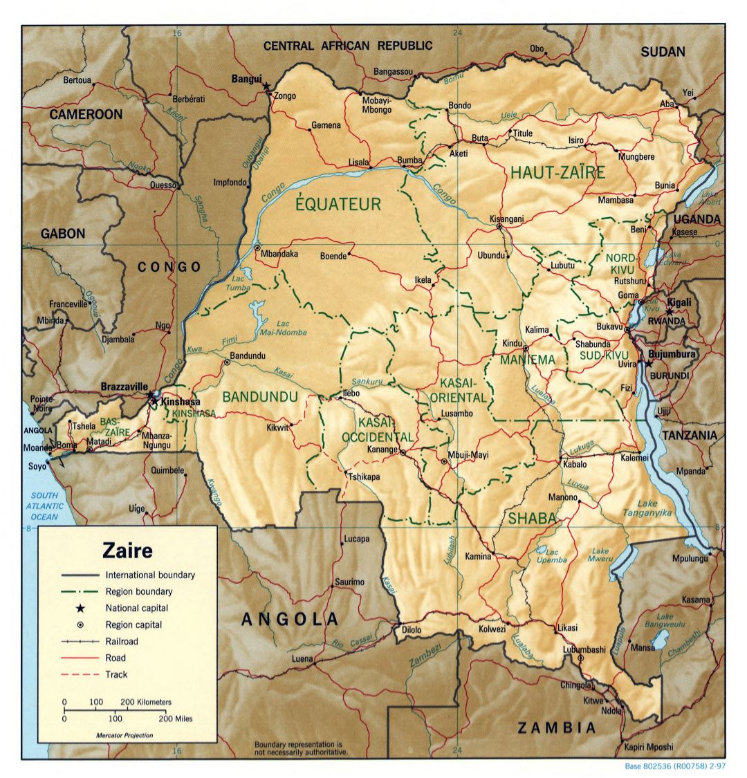 Large detailed political and administrative map of Congo Democratic Republic with relief, roads, railroads and major cities - 1997