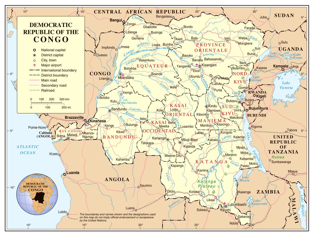 Large political and administrative map of Congo Democratic Republic with roads, railroads, cities and airports