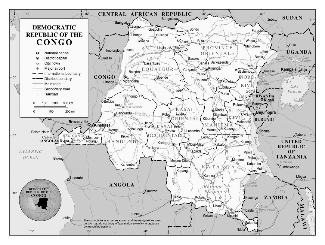 Large political and administrative map of Congo Democratic Republic with roads, railroads, major cities and airports