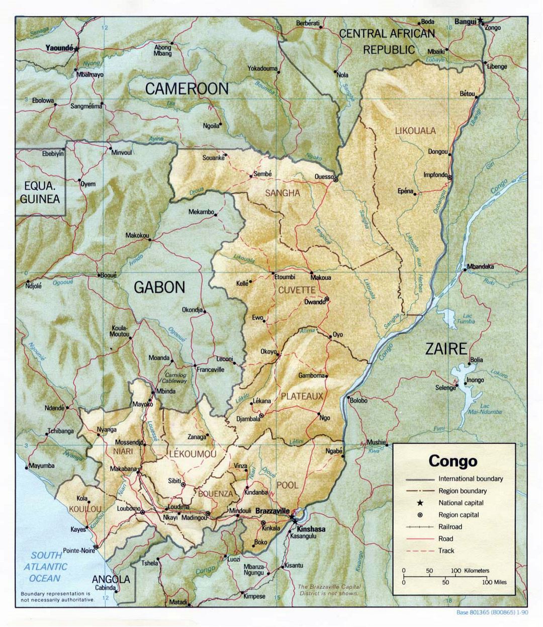 Detailed political and administrative map of Congo with relief, roads, railroads and major cities - 1990