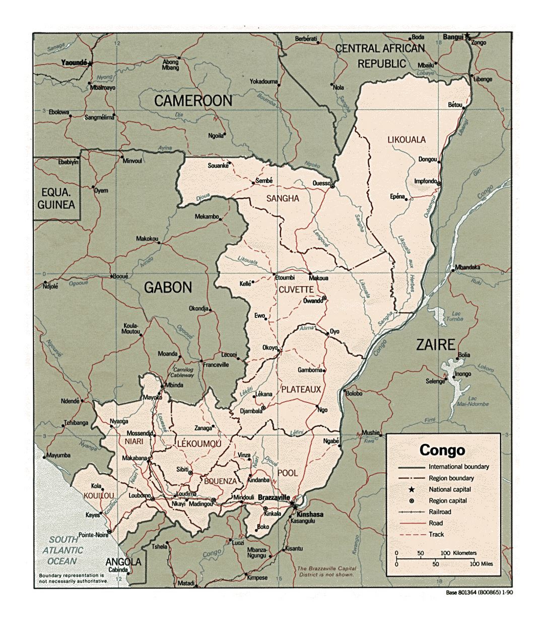 Detailed political and administrative map of Congo with roads, railroads and major cities - 1990