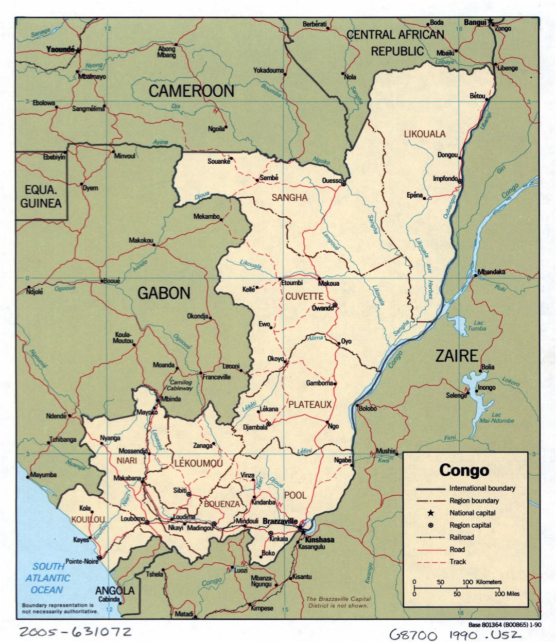 Large detailed political and administrative map of Congo with roads, railroads and major cities - 1990