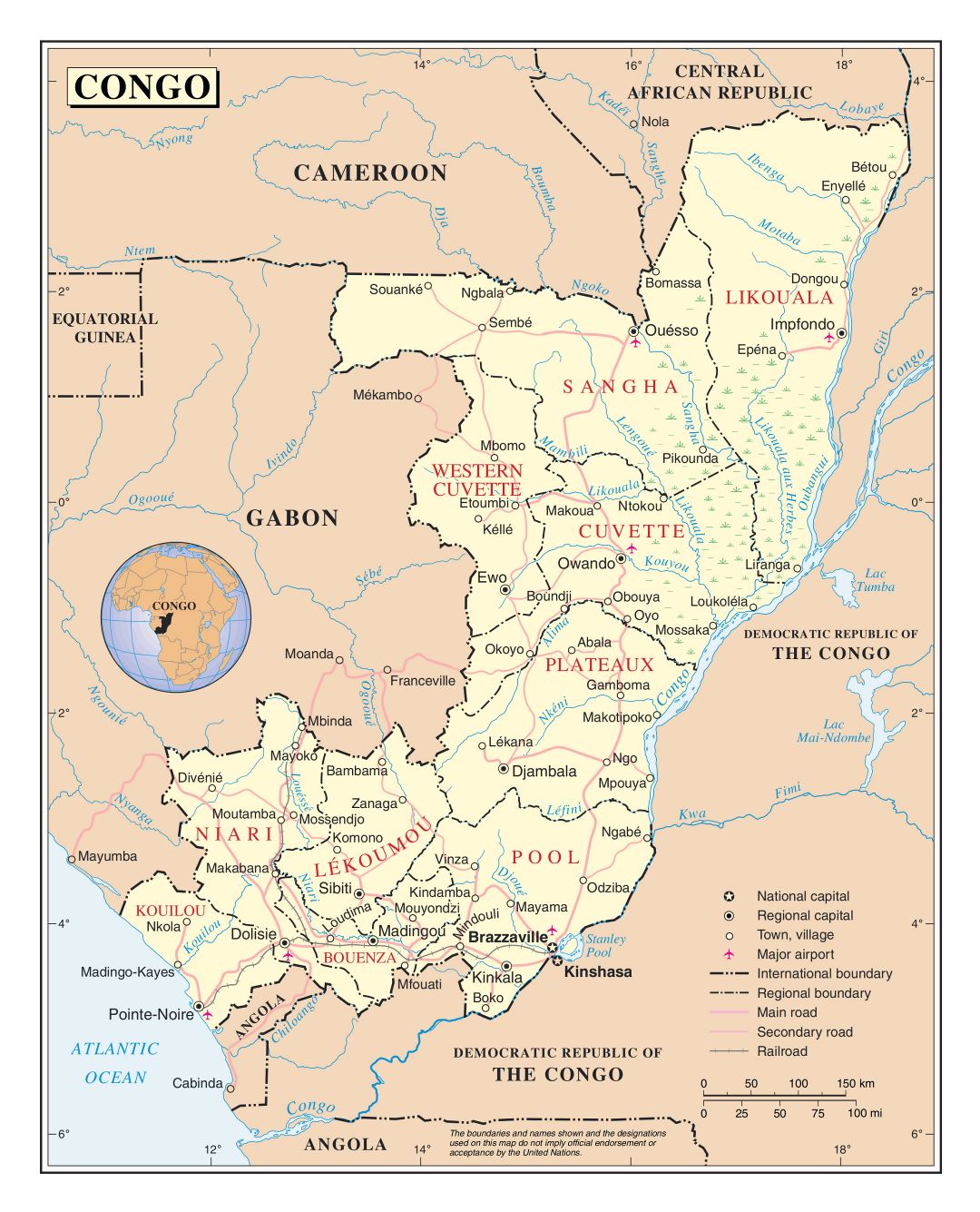 Large detailed political and administrative map of Congo with roads, railroads, cities and airports