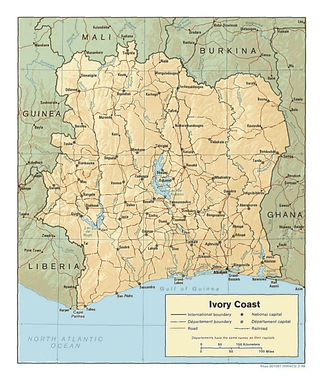 Detailed political and administrative map of Cote d'Ivoire with relief, roads, railroads and major cities - 1988