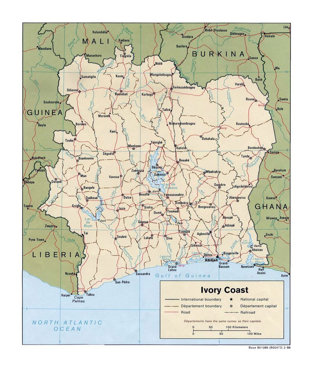 Detailed political and administrative map of Cote d'Ivoire with roads, railroads and major cities - 1988