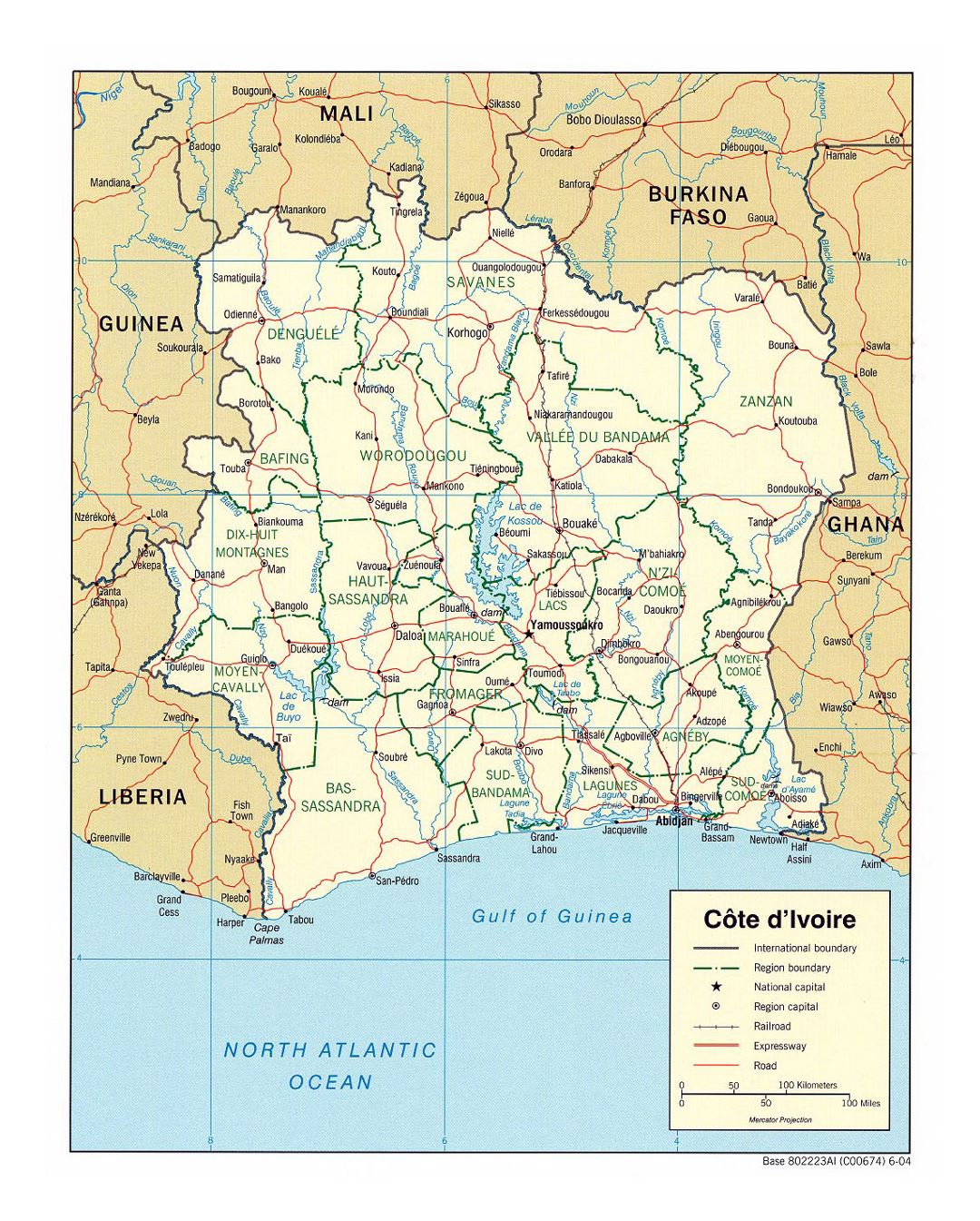 Detailed political and administrative map of Cote d'Ivoire with roads, railroads and major cities - 2004