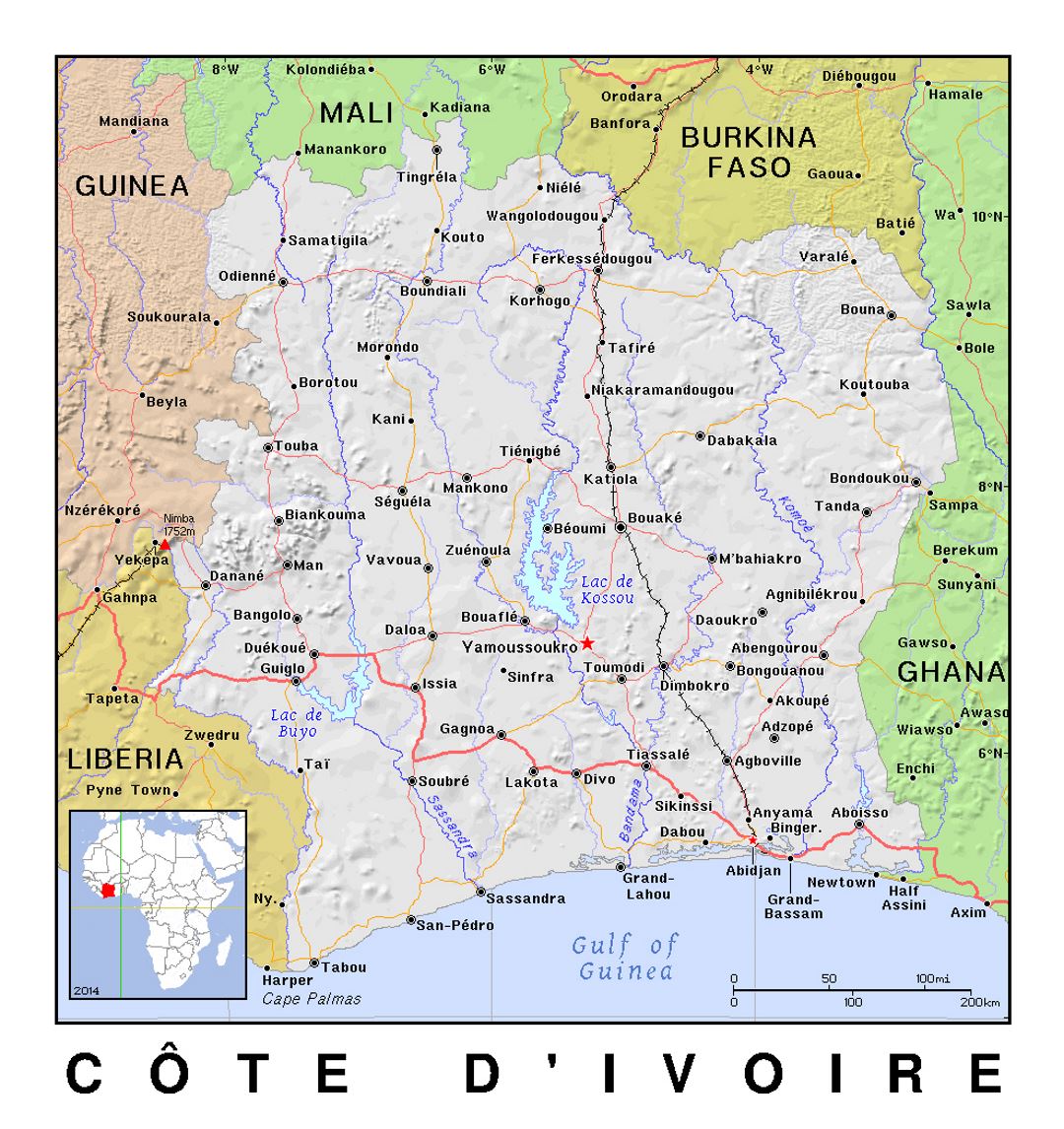 Detailed political map of Cote d'Ivoire with relief