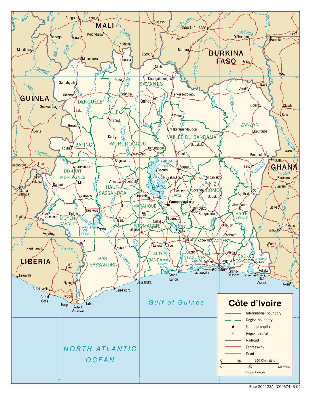 Large detailed political and administrative map of Cote d'Ivoire with roads, railroads and major cities - 2004