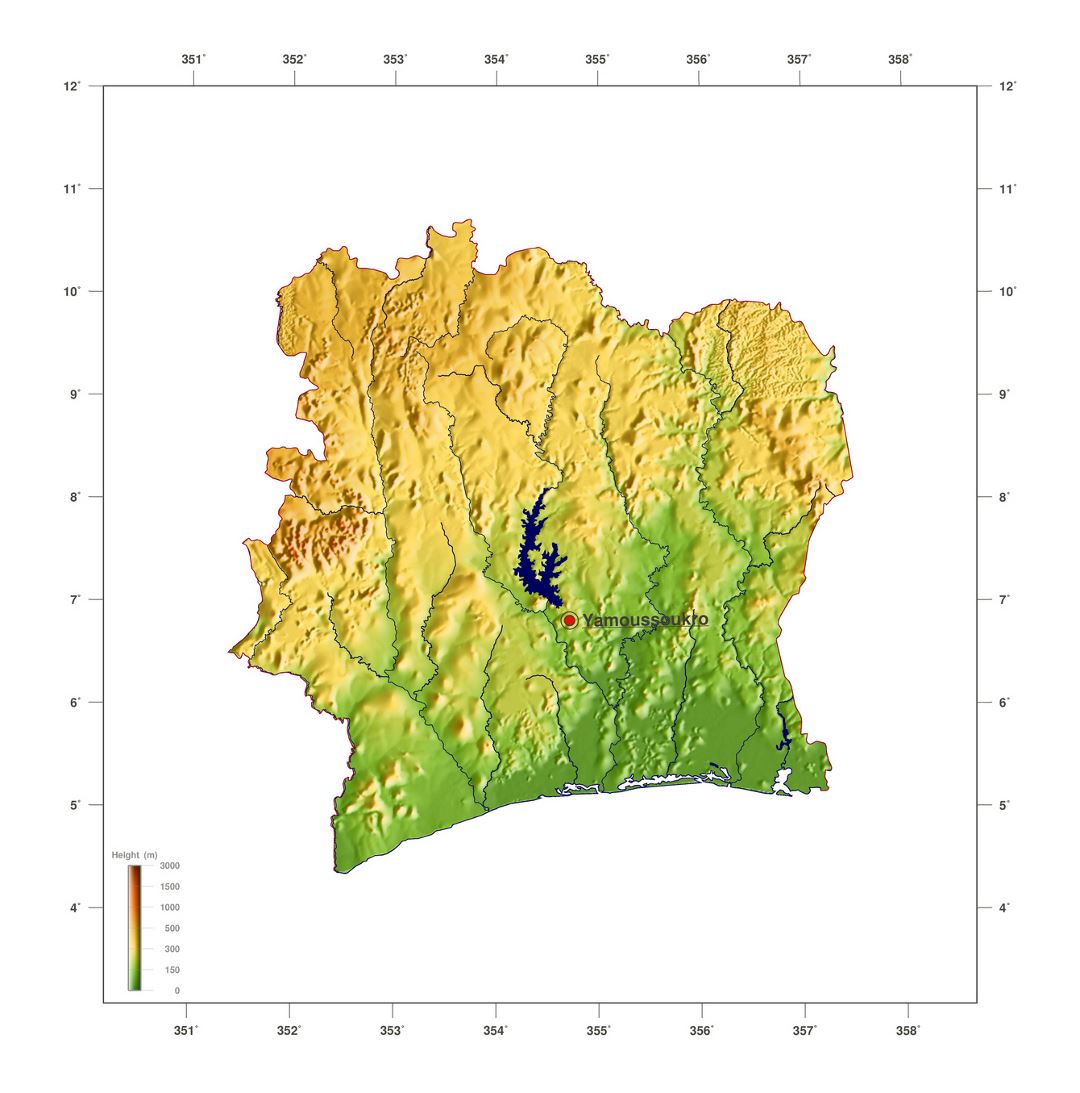 Large elevation map of Cote d'Ivoire