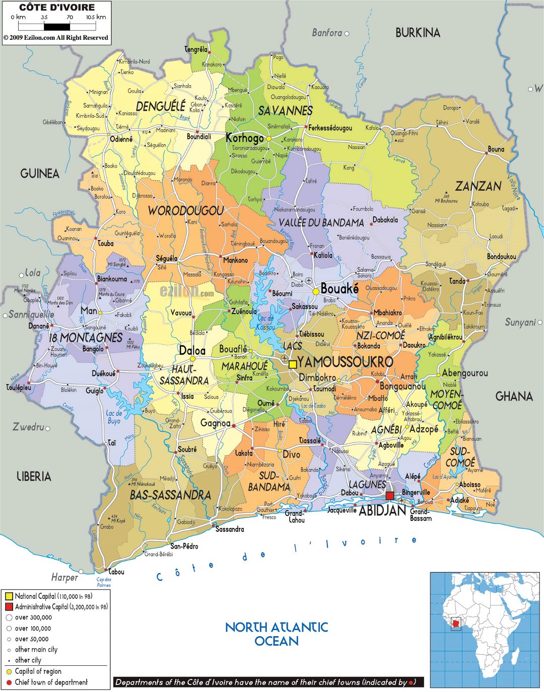Large political and administrative map of Ivory Coast with roads, cities and airports