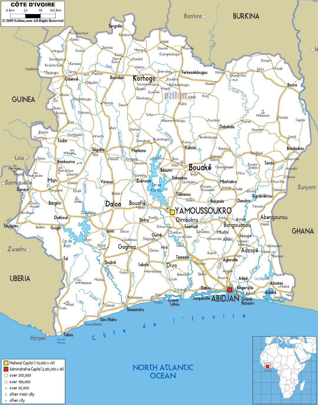 Large road map of Ivory Coast with cities and airports