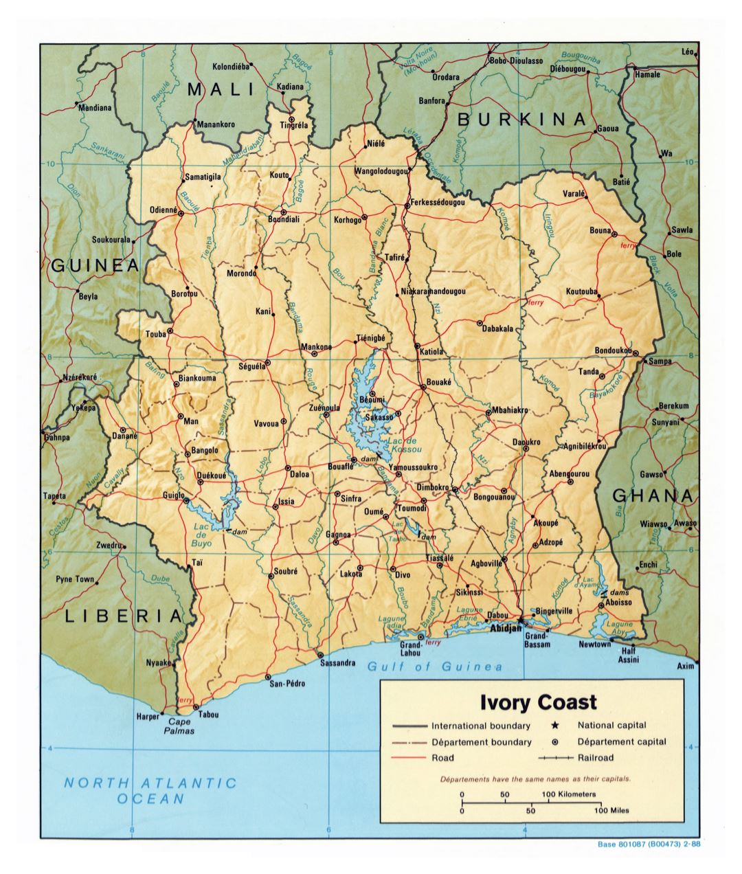 Large scale political and administrative map of Cote d'Ivoire with relief, roads, railroads and major cities - 1988
