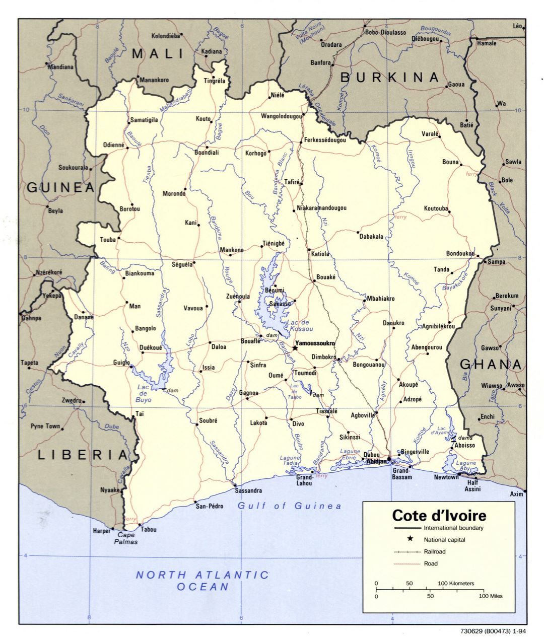 Large scale political map of Cote d'Ivoire with roads, railroads and major cities - 1994