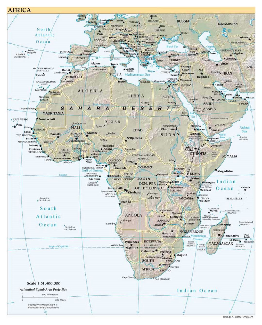 Detailed political map of Africa with relief and capitals - 1999