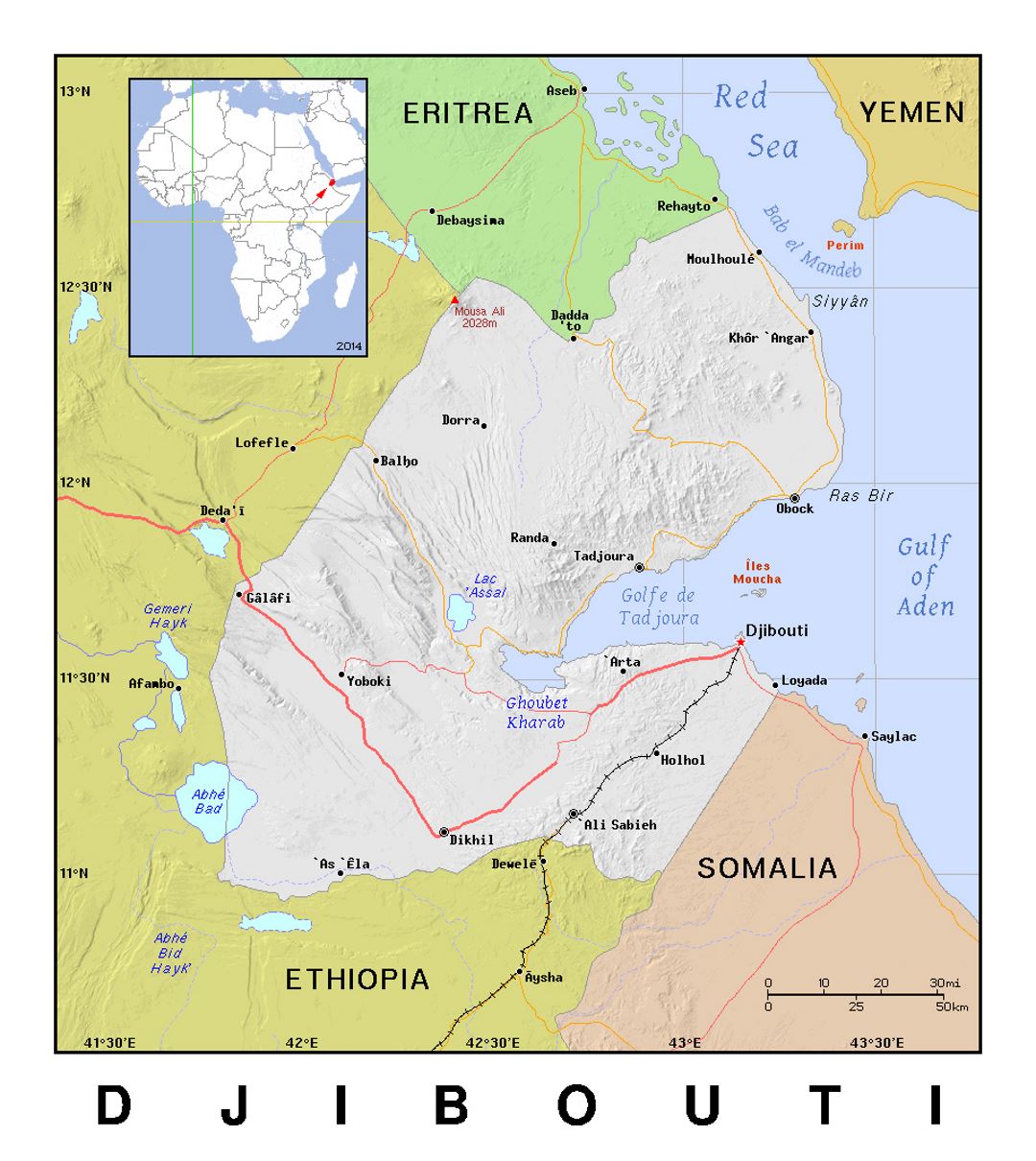 Detailed political map of Djibouti with relief