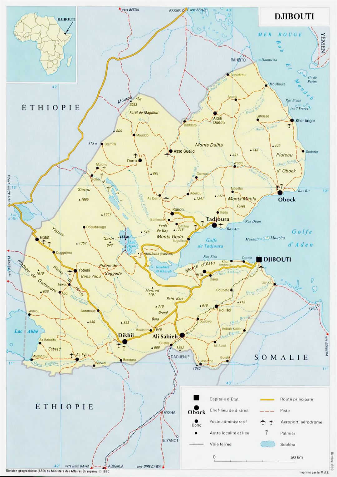 Detailed political map of Djibouti with roads, railroads, cities and airports