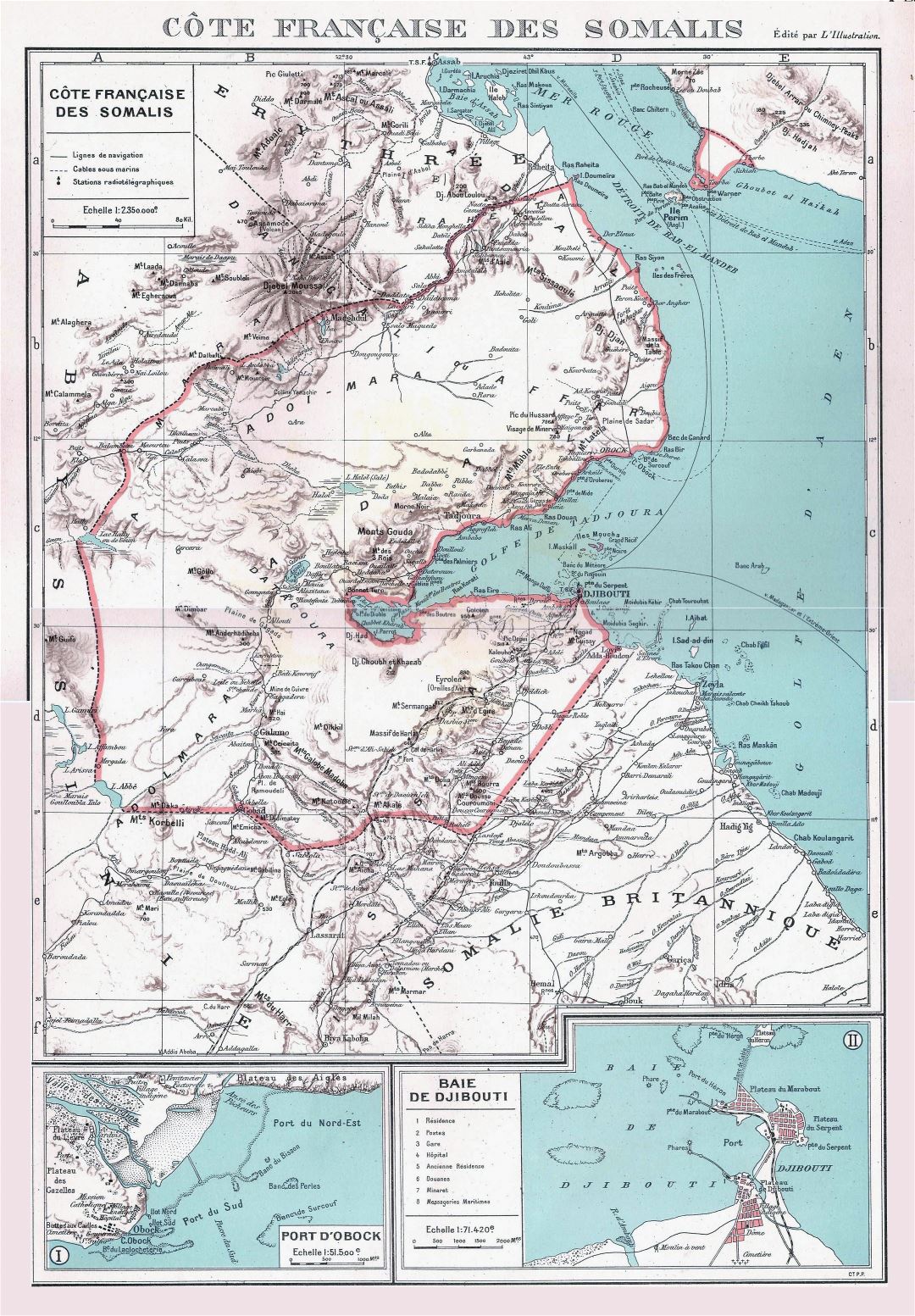 Large detailed old map of Djibouti with relief