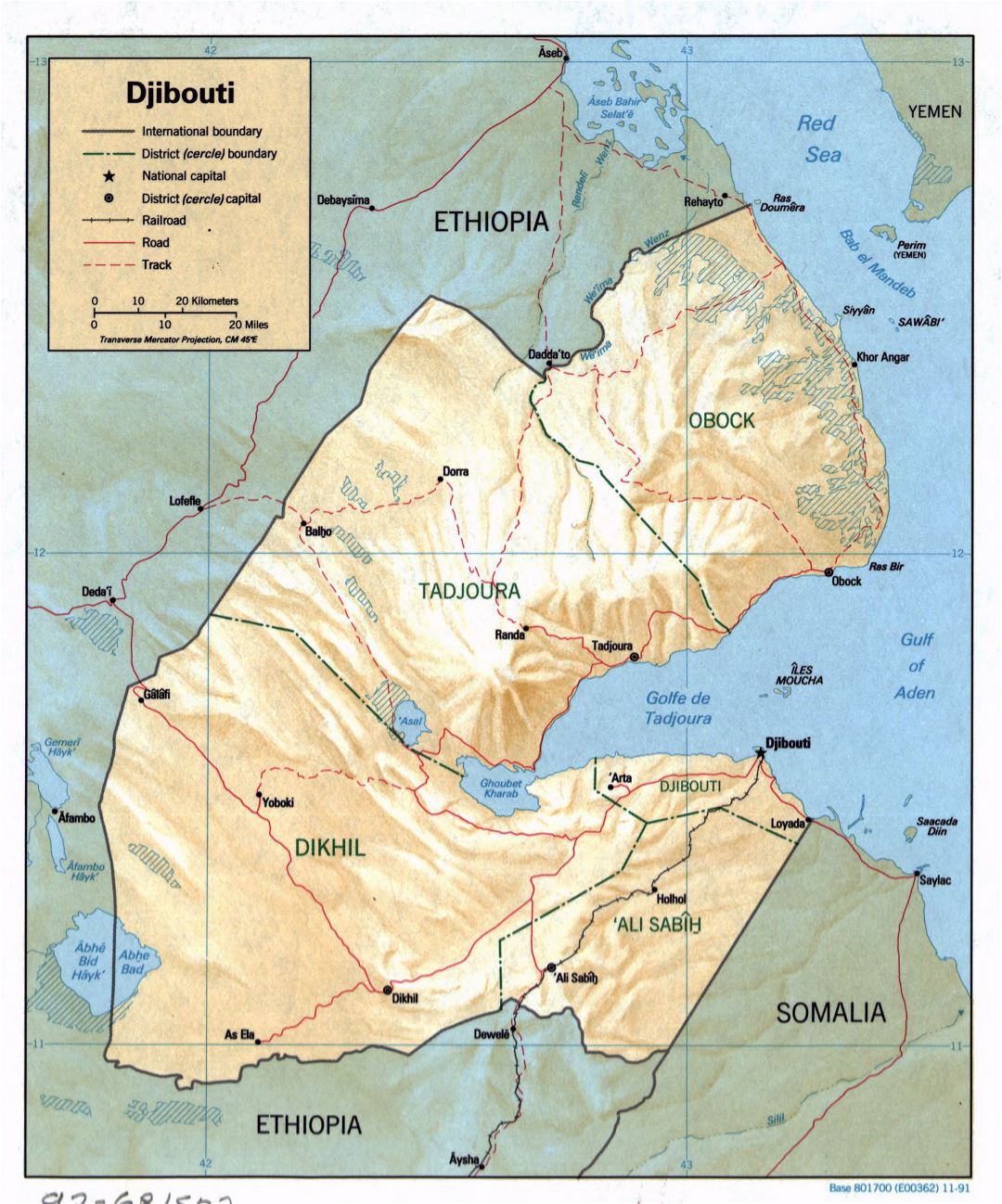Large detailed political and administrative map of Djibouti with relief, roads, railroads and major cities - 1991