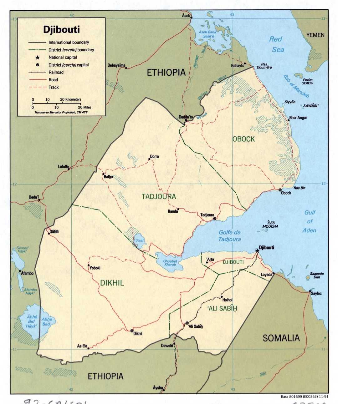 Large detailed political and administrative map of Djibouti with roads, railroads and major cities - 1991