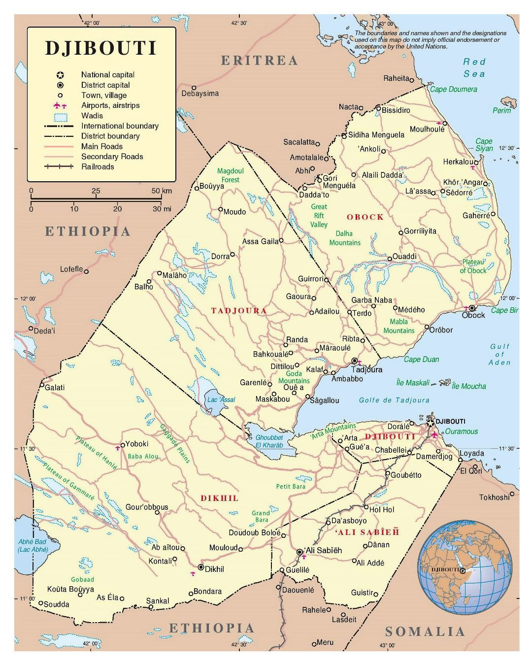 Large detailed political and administrative map of Djibouti with roads, railroads, cities and airports