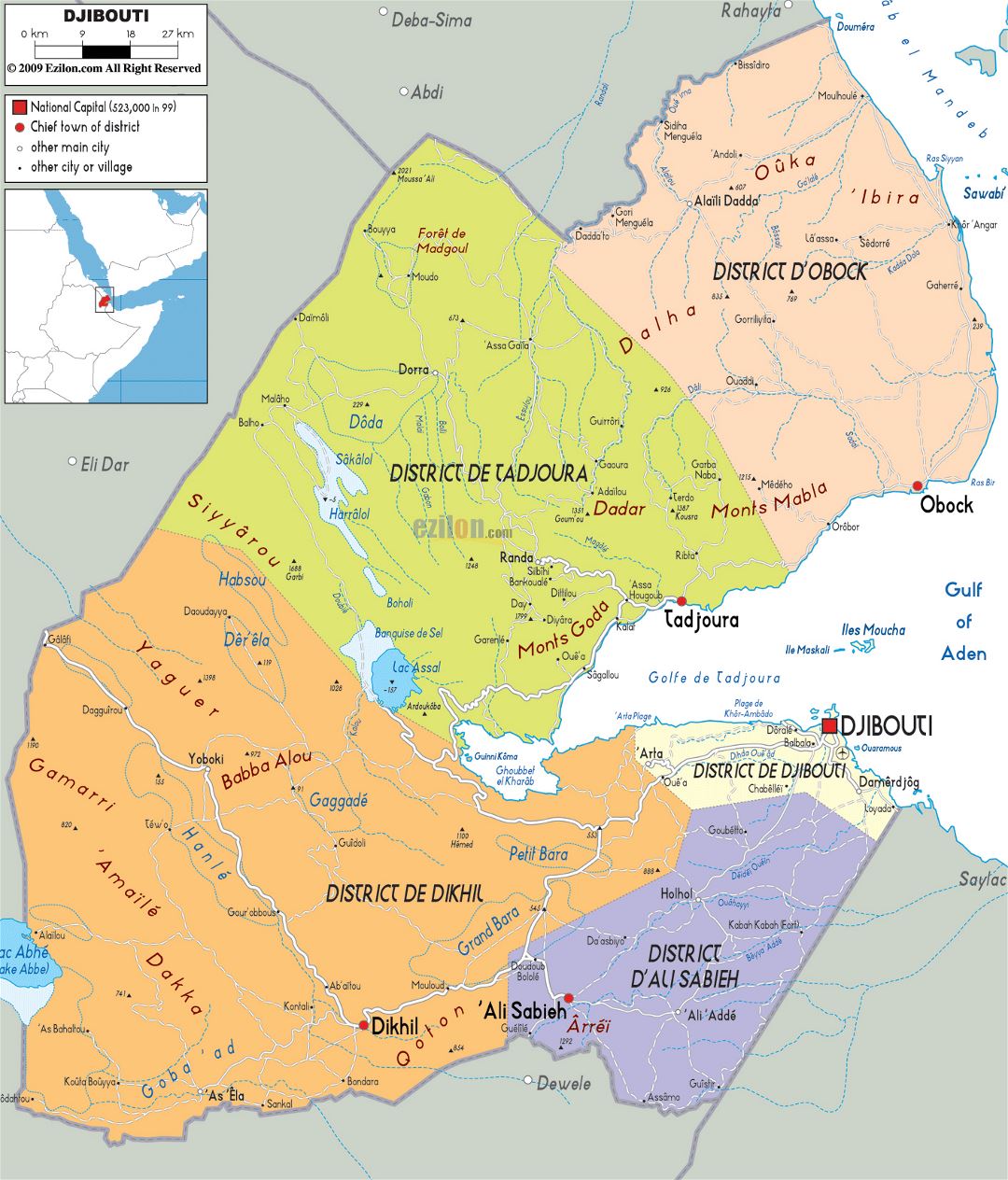 Large political and administrative map of Djibouti with roads, cities and airports