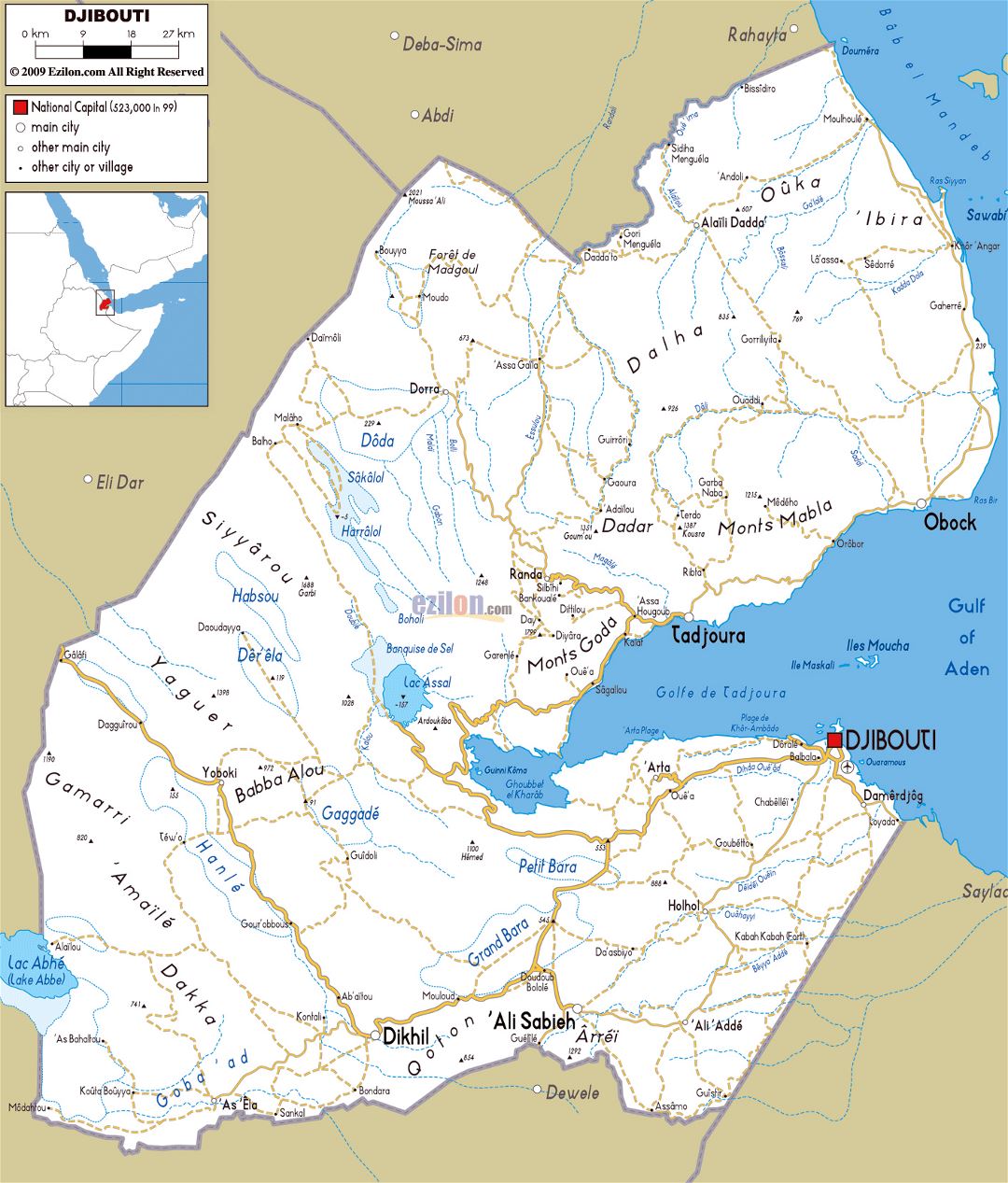 Large road map of Djibouti with cities and airports