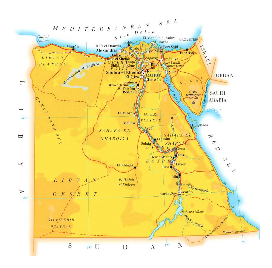Detailed elevation map of Egypt with roads, cities and airports