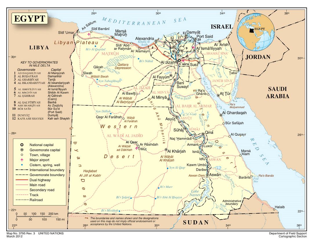 Detailed political and administrative map of Egypt with roads, railroads, cities and airports