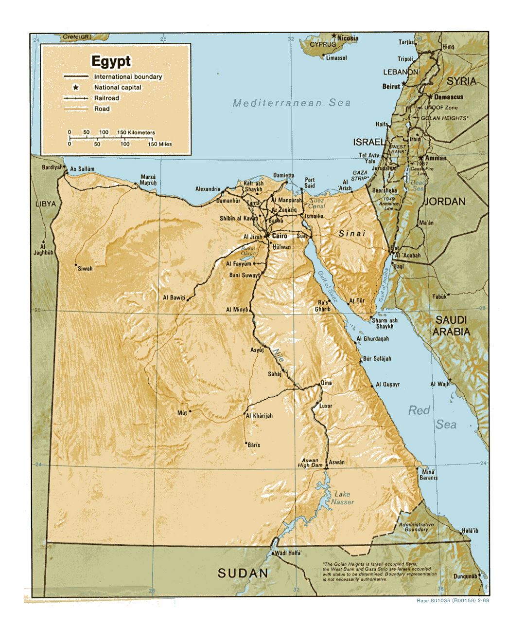 Detailed political map of Egypt with relief, roads, railroads and major cities - 1988