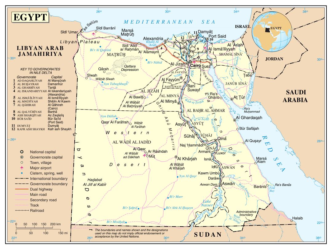 Large detailed political and administrative map of Egypt with roads, railroads, cities and airports