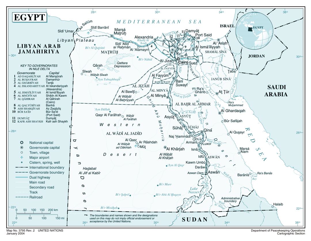 Large detailed political and administrative map of Egypt with roads, railroads, major cities and airports