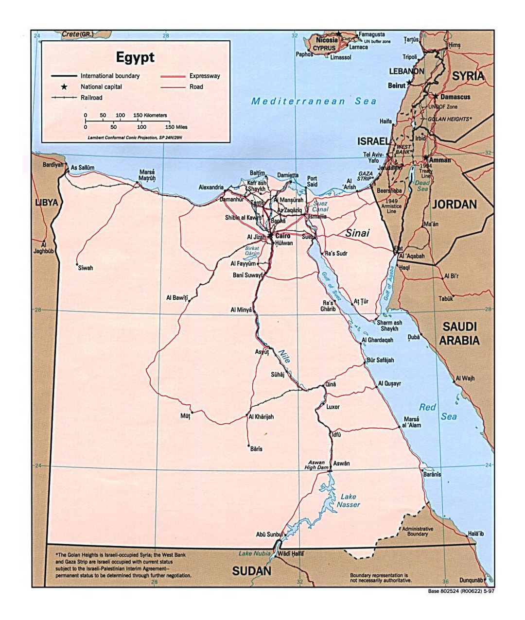 Large political map of Egypt with roads, railroads and major cities - 1997