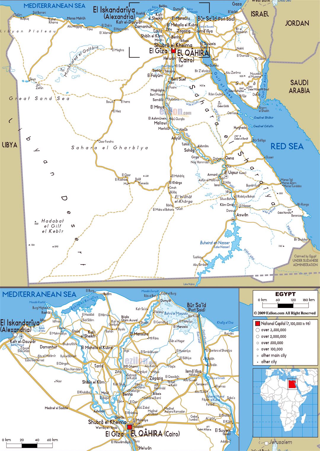 Large road map of Egypt with cities and airports