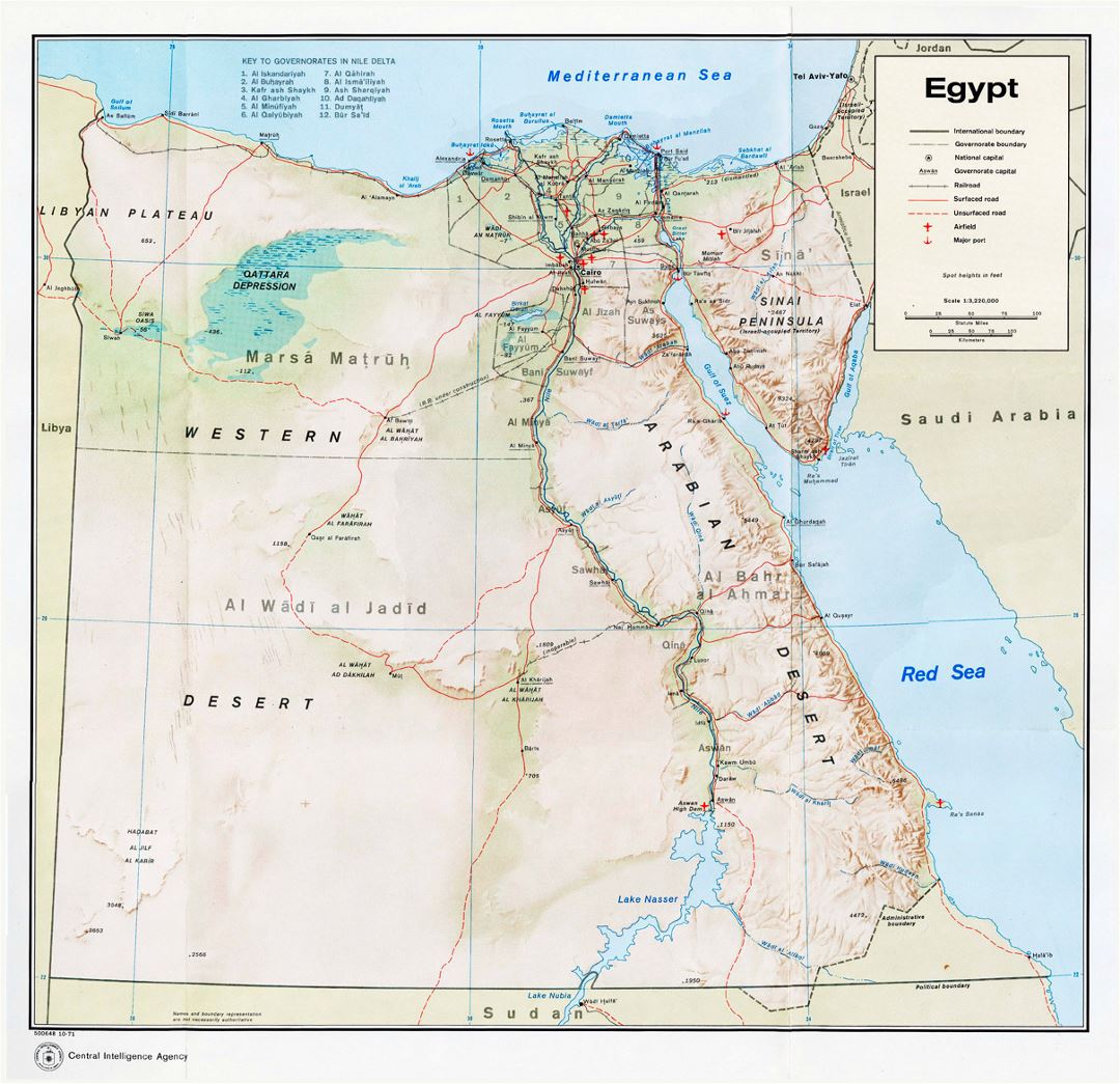 Political and administrative map of Egypt with relief, roads, railroads, cities, ports and airports - 1971