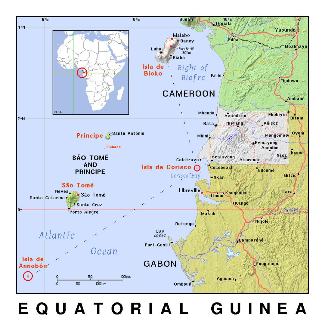 Detailed political map of Equatorial Guinea with relief
