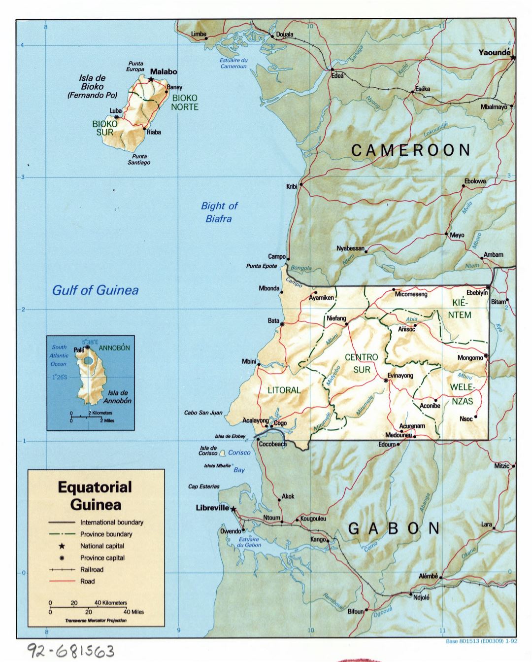 Large detailed political and administrative map of Equatorial Guinea with relief, roads, railroads and major cities - 1992